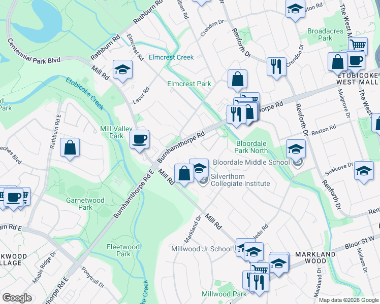 map of restaurants, bars, coffee shops, grocery stores, and more near in Toronto