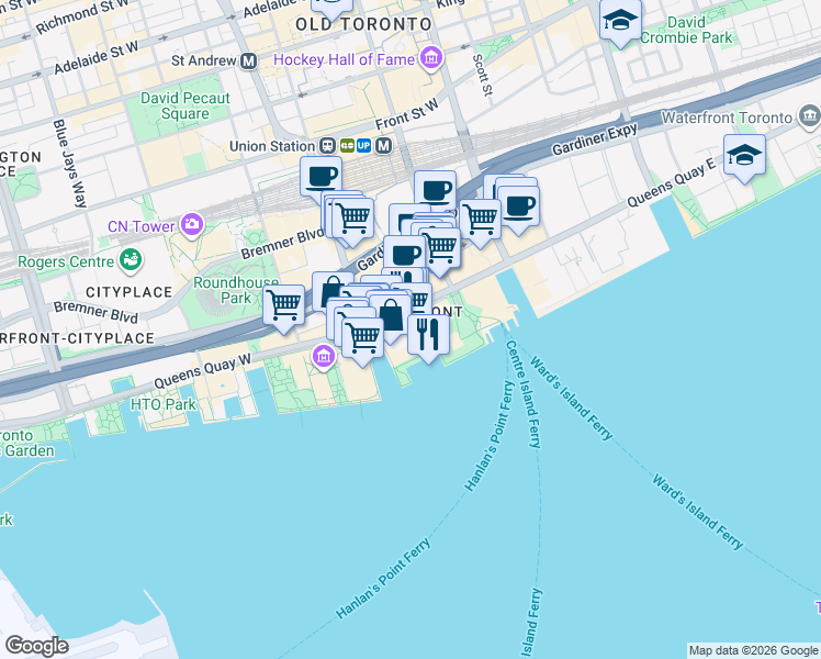 map of restaurants, bars, coffee shops, grocery stores, and more near 55 Harbour Square in Toronto