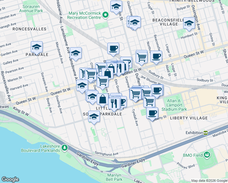 map of restaurants, bars, coffee shops, grocery stores, and more near 60 Melbourne Avenue in Toronto