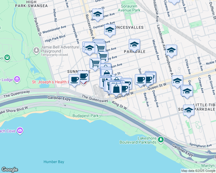 map of restaurants, bars, coffee shops, grocery stores, and more near 43 Roncesvalles Avenue in Toronto