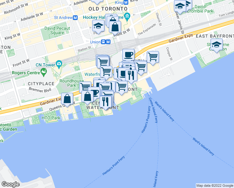 map of restaurants, bars, coffee shops, grocery stores, and more near in Toronto