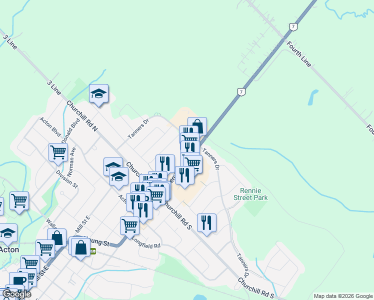 map of restaurants, bars, coffee shops, grocery stores, and more near 391 Queen Street in Acton