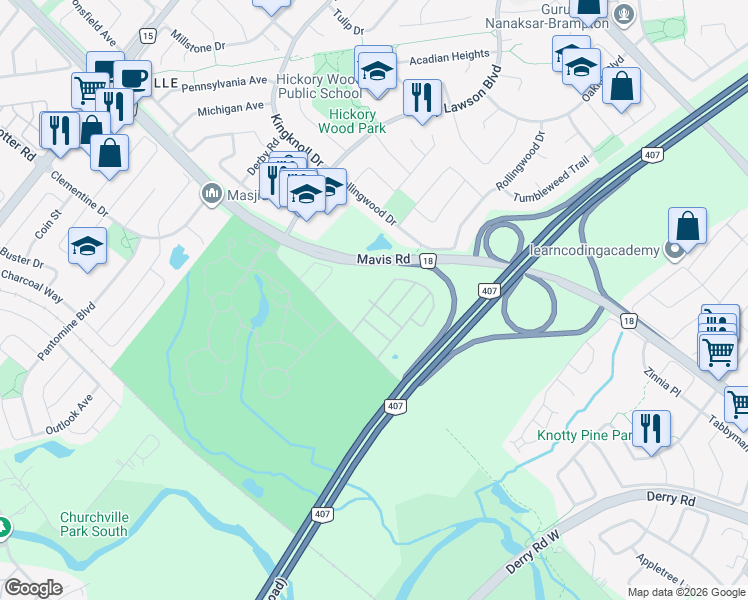 map of restaurants, bars, coffee shops, grocery stores, and more near 38 Cedar Lake Crescent in Brampton
