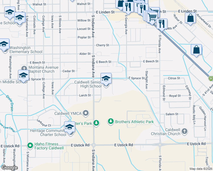 map of restaurants, bars, coffee shops, grocery stores, and more near 3401 South Indiana Avenue in Caldwell