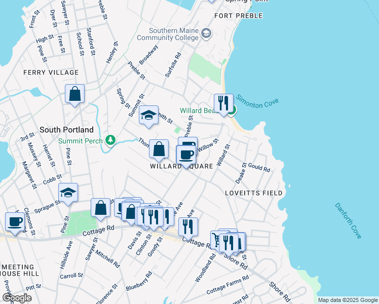 map of restaurants, bars, coffee shops, grocery stores, and more near 94 Willow Street in South Portland
