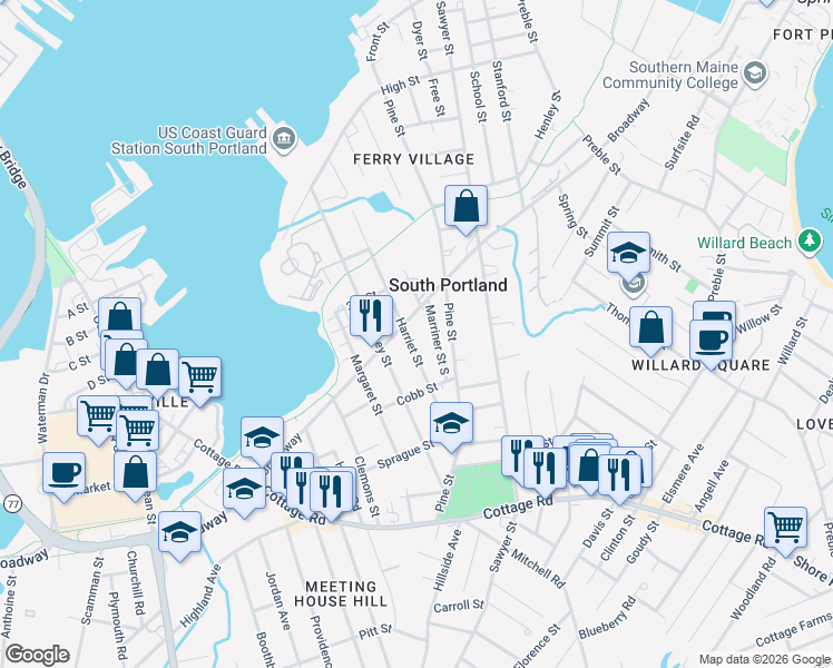 map of restaurants, bars, coffee shops, grocery stores, and more near 180 Harriet Street in South Portland