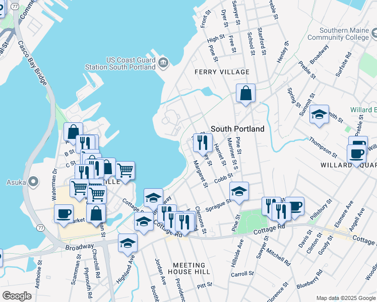 map of restaurants, bars, coffee shops, grocery stores, and more near 113 Margaret Street in South Portland