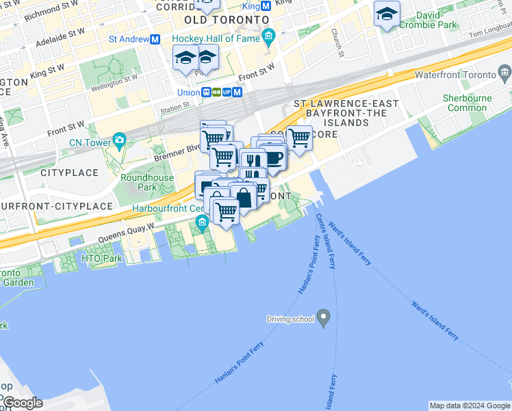 map of restaurants, bars, coffee shops, grocery stores, and more near in Toronto