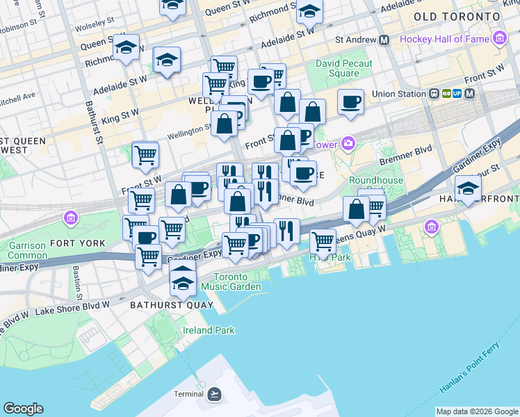 map of restaurants, bars, coffee shops, grocery stores, and more near in Toronto
