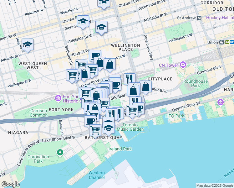 map of restaurants, bars, coffee shops, grocery stores, and more near in Toronto