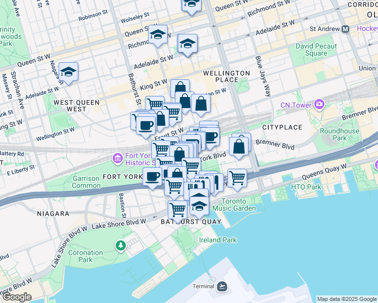 map of restaurants, bars, coffee shops, grocery stores, and more near in Toronto