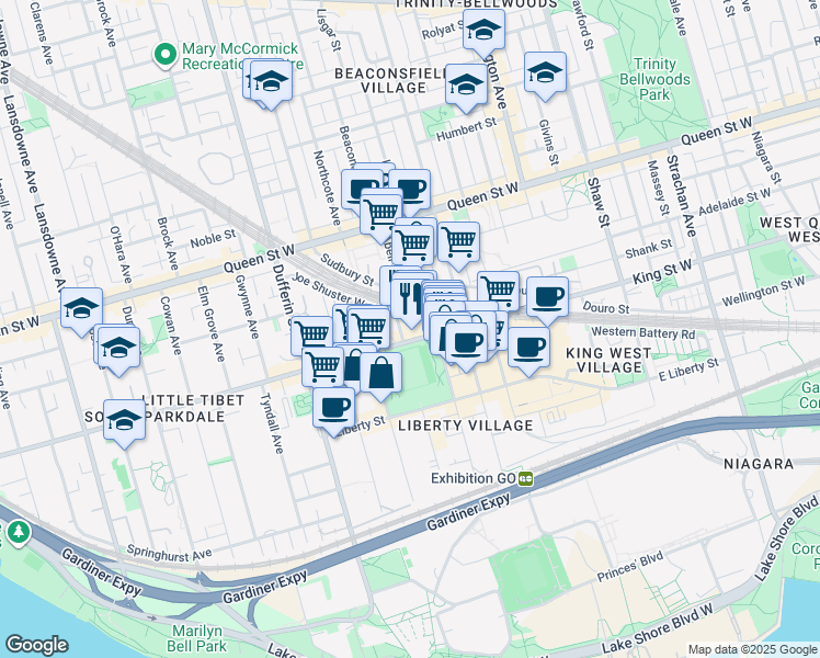 map of restaurants, bars, coffee shops, grocery stores, and more near in Toronto
