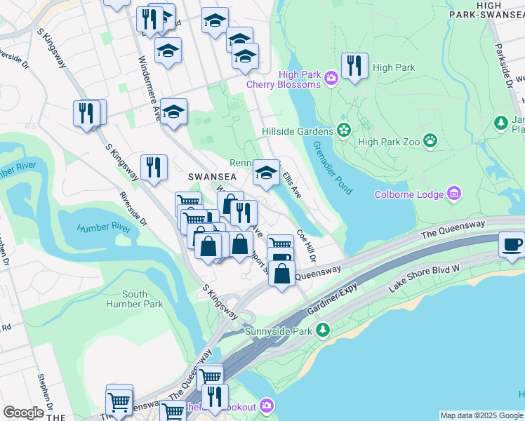 map of restaurants, bars, coffee shops, grocery stores, and more near in Toronto
