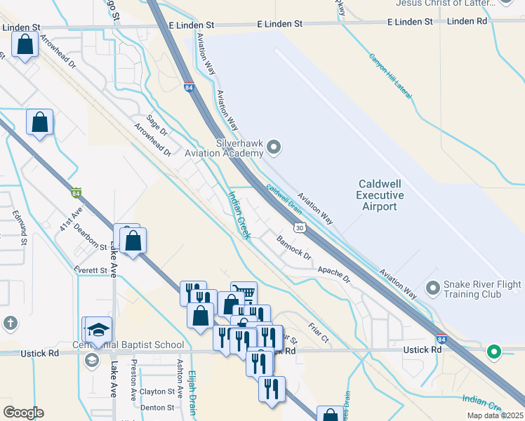 map of restaurants, bars, coffee shops, grocery stores, and more near 5015 East Ustick Road in Caldwell