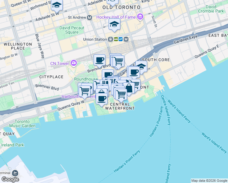 map of restaurants, bars, coffee shops, grocery stores, and more near 208 Queens Quay West in Toronto