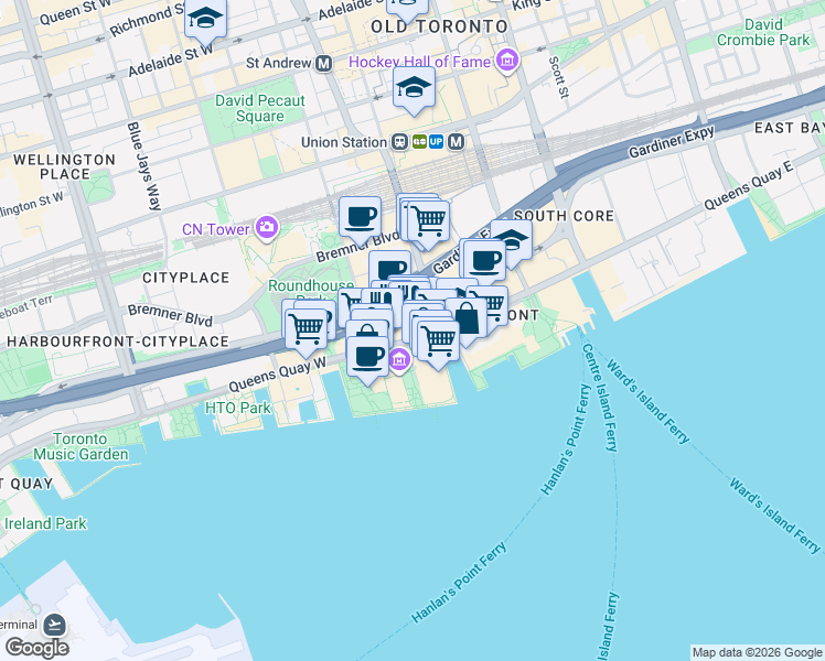 map of restaurants, bars, coffee shops, grocery stores, and more near 208 Queens Quay West in Toronto