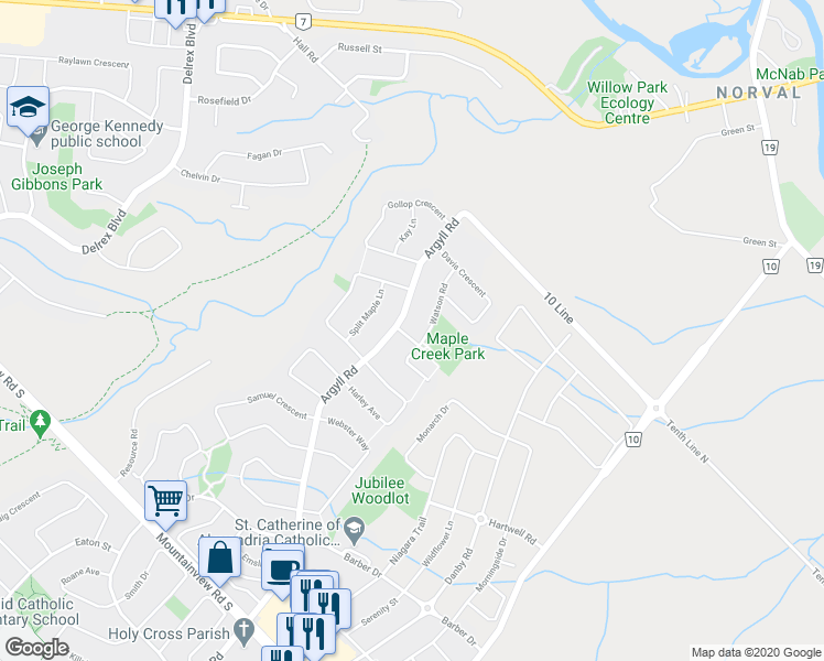 map of restaurants, bars, coffee shops, grocery stores, and more near 5 Watson Road in Halton Hills