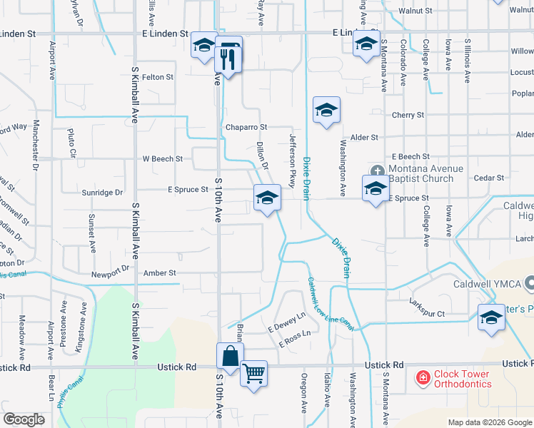 map of restaurants, bars, coffee shops, grocery stores, and more near 3311 South 10th Avenue in Caldwell