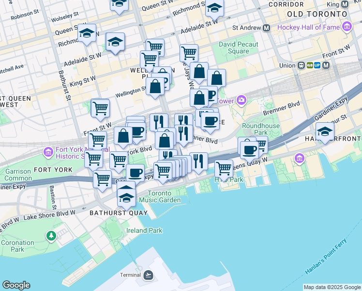 map of restaurants, bars, coffee shops, grocery stores, and more near 9 Spadina Avenue in Toronto