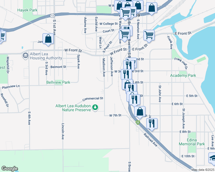map of restaurants, bars, coffee shops, grocery stores, and more near 940 Jefferson Avenue in Albert Lea
