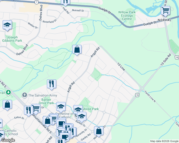 map of restaurants, bars, coffee shops, grocery stores, and more near 2 Pomeroy Court in Halton Hills