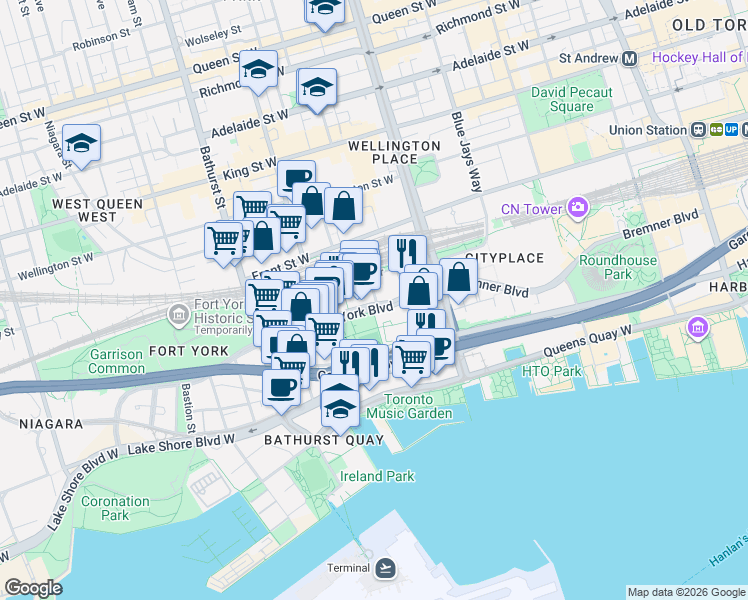 map of restaurants, bars, coffee shops, grocery stores, and more near 18 Capreol Court in Toronto