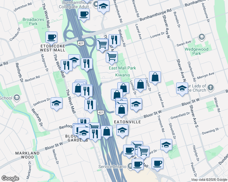 map of restaurants, bars, coffee shops, grocery stores, and more near 15 Valhalla Inn Road in Toronto