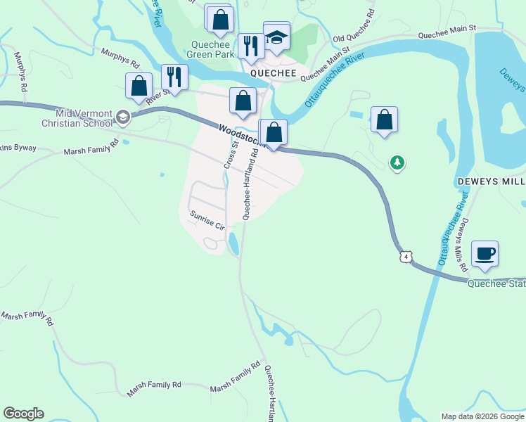 map of restaurants, bars, coffee shops, grocery stores, and more near 168 Quechee-Hartland Road in Hartford