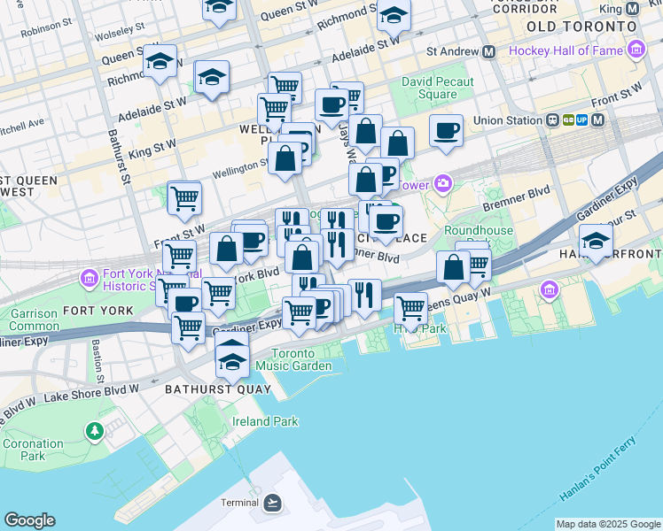 map of restaurants, bars, coffee shops, grocery stores, and more near in Toronto