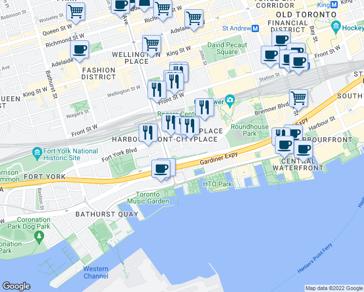 map of restaurants, bars, coffee shops, grocery stores, and more near 5 Navy Wharf Court in Toronto