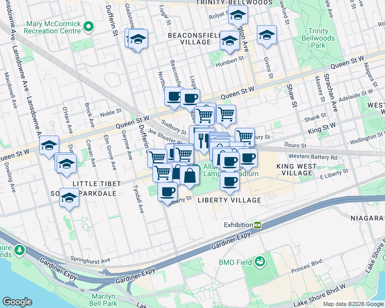 map of restaurants, bars, coffee shops, grocery stores, and more near 20 Joe Shuster Way in Toronto