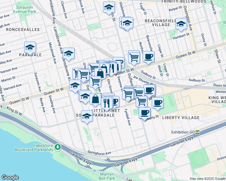map of restaurants, bars, coffee shops, grocery stores, and more near 35 Elm Grove Avenue in Toronto