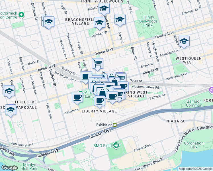 map of restaurants, bars, coffee shops, grocery stores, and more near 85 Hanna Avenue in Toronto