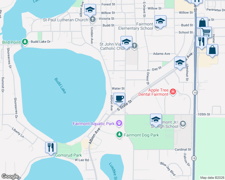 map of restaurants, bars, coffee shops, grocery stores, and more near 1105 Albion Avenue in Fairmont