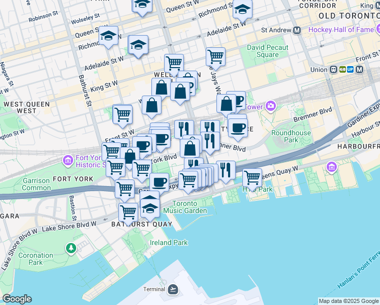 map of restaurants, bars, coffee shops, grocery stores, and more near 15 Fort York Boulevard in Toronto