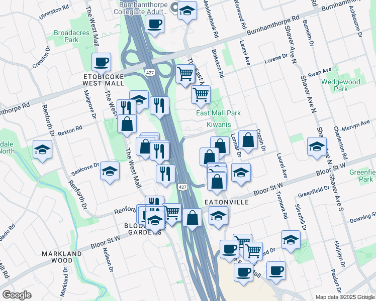 map of restaurants, bars, coffee shops, grocery stores, and more near 5 Valhalla Inn Road in Toronto