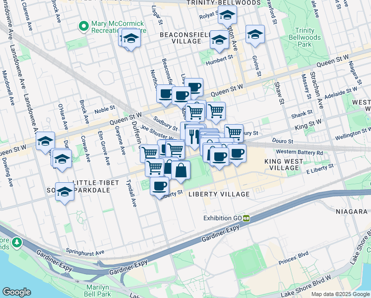 map of restaurants, bars, coffee shops, grocery stores, and more near 20 Joe Shuster Way in Toronto
