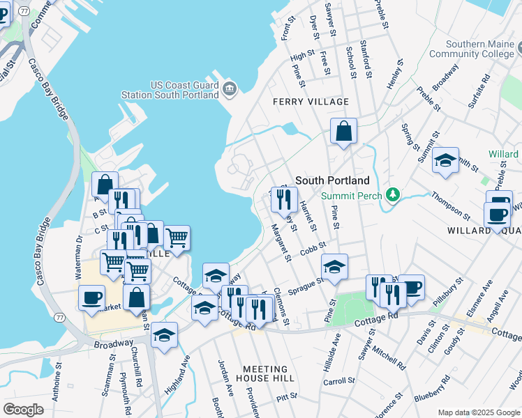 map of restaurants, bars, coffee shops, grocery stores, and more near 113 Margaret Street in South Portland