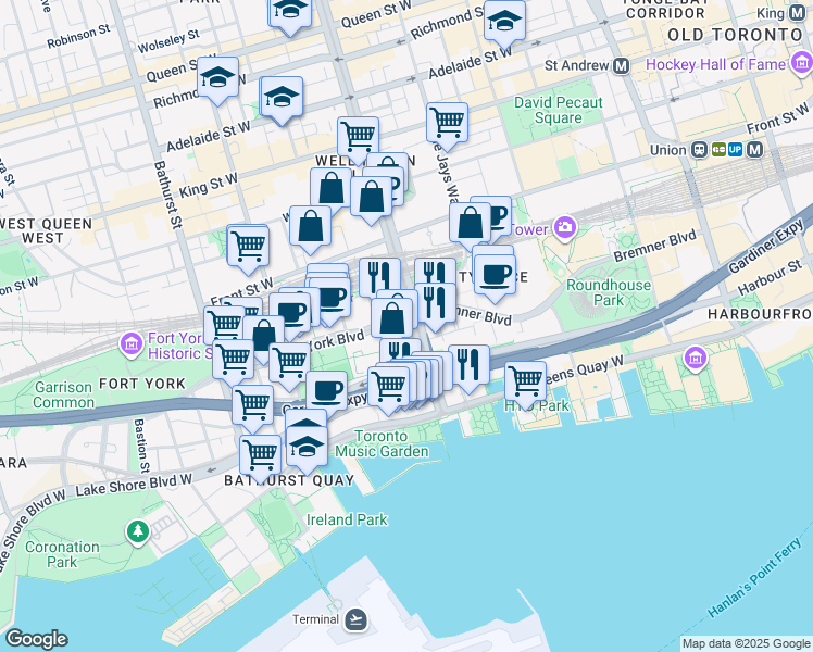 map of restaurants, bars, coffee shops, grocery stores, and more near in Toronto