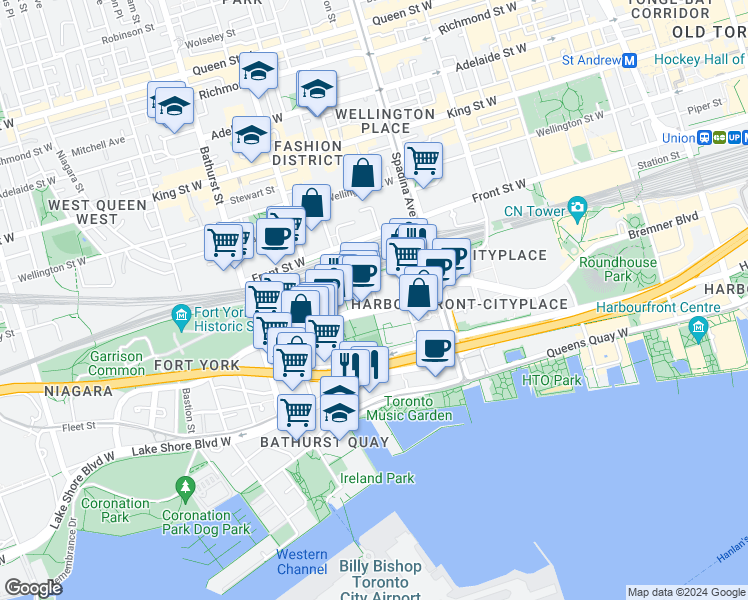 map of restaurants, bars, coffee shops, grocery stores, and more near in Toronto