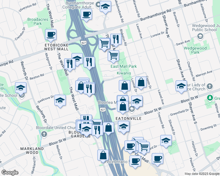 map of restaurants, bars, coffee shops, grocery stores, and more near in Toronto