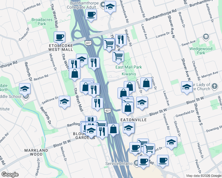 map of restaurants, bars, coffee shops, grocery stores, and more near 1 Valhalla Inn Road in Toronto