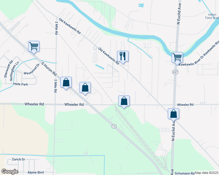 map of restaurants, bars, coffee shops, grocery stores, and more near 3459 Leff Lane in Bay City