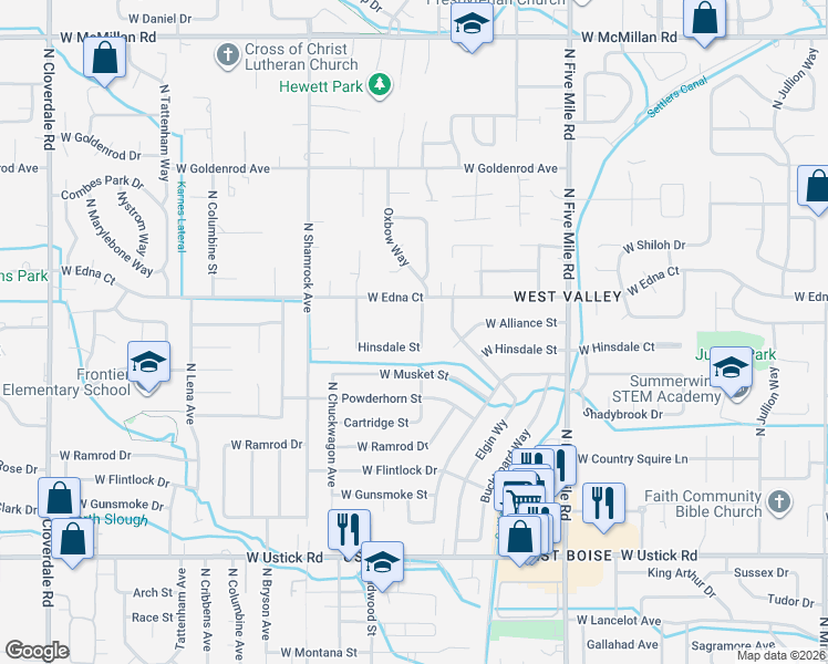 map of restaurants, bars, coffee shops, grocery stores, and more near 11103 Hinsdale Street in Boise