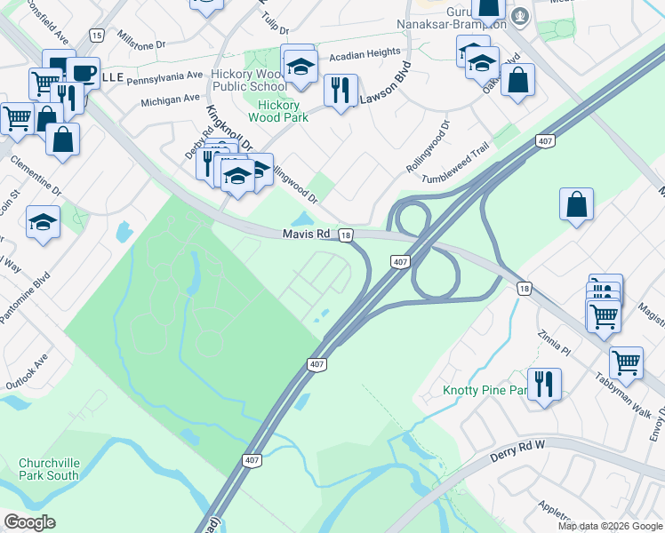 map of restaurants, bars, coffee shops, grocery stores, and more near in Brampton