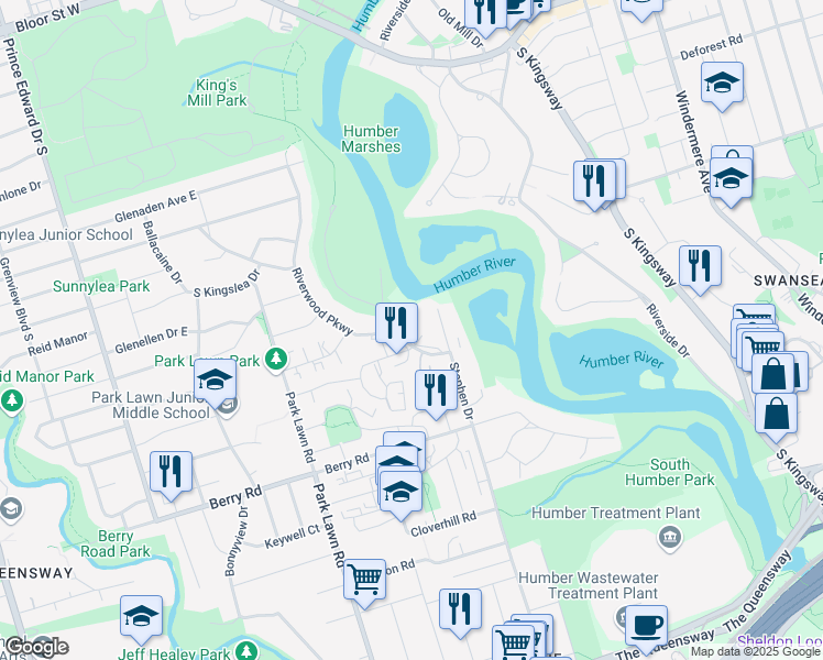 map of restaurants, bars, coffee shops, grocery stores, and more near 33 Riverwood Parkway in Toronto