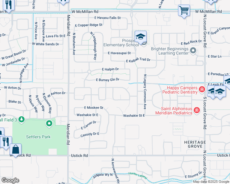 map of restaurants, bars, coffee shops, grocery stores, and more near 582 East Heritage Park Street in Meridian