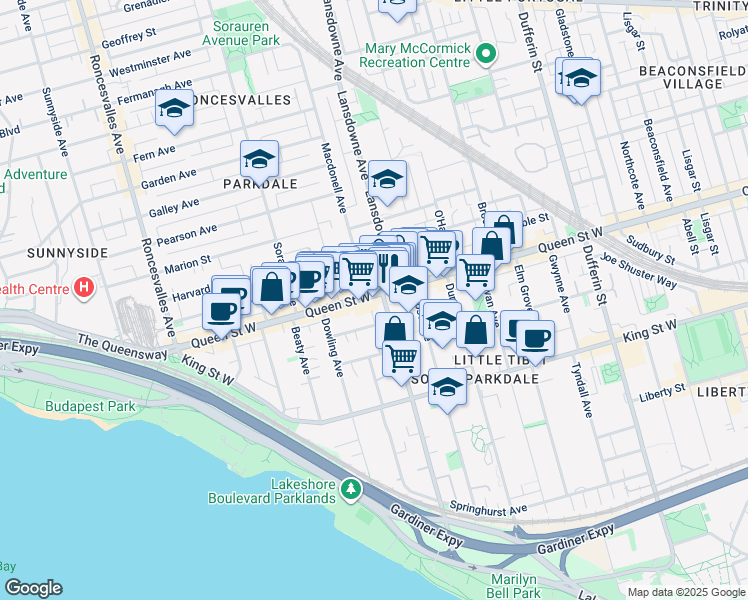 map of restaurants, bars, coffee shops, grocery stores, and more near 1439 Queen Street West in Toronto