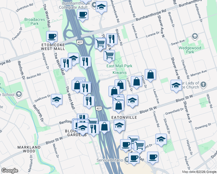 map of restaurants, bars, coffee shops, grocery stores, and more near 23 Valhalla Inn Road in Toronto
