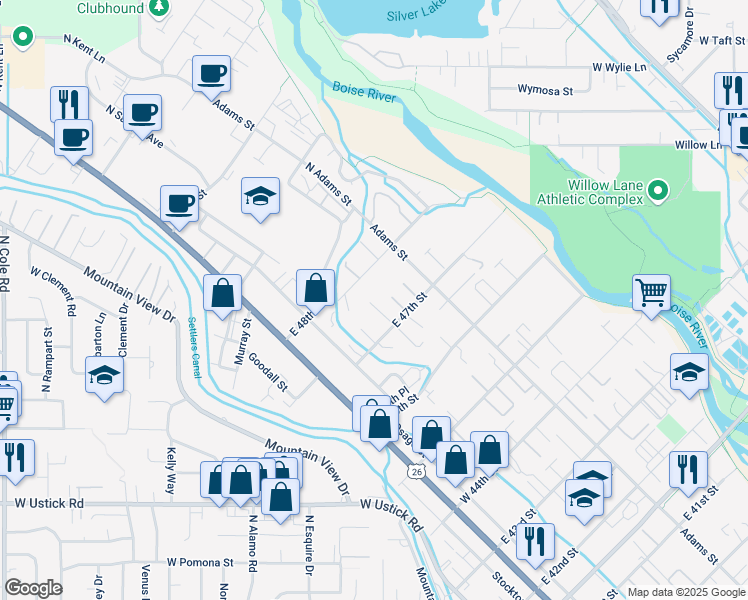map of restaurants, bars, coffee shops, grocery stores, and more near 4750 Windward Court in Boise